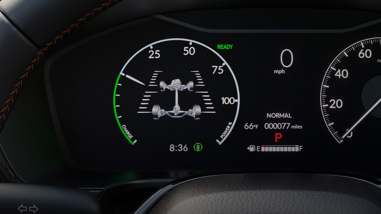Close-up of the 2025 Honda CR-V's hybrid power meter display, showcasing advanced technology and energy monitoring.