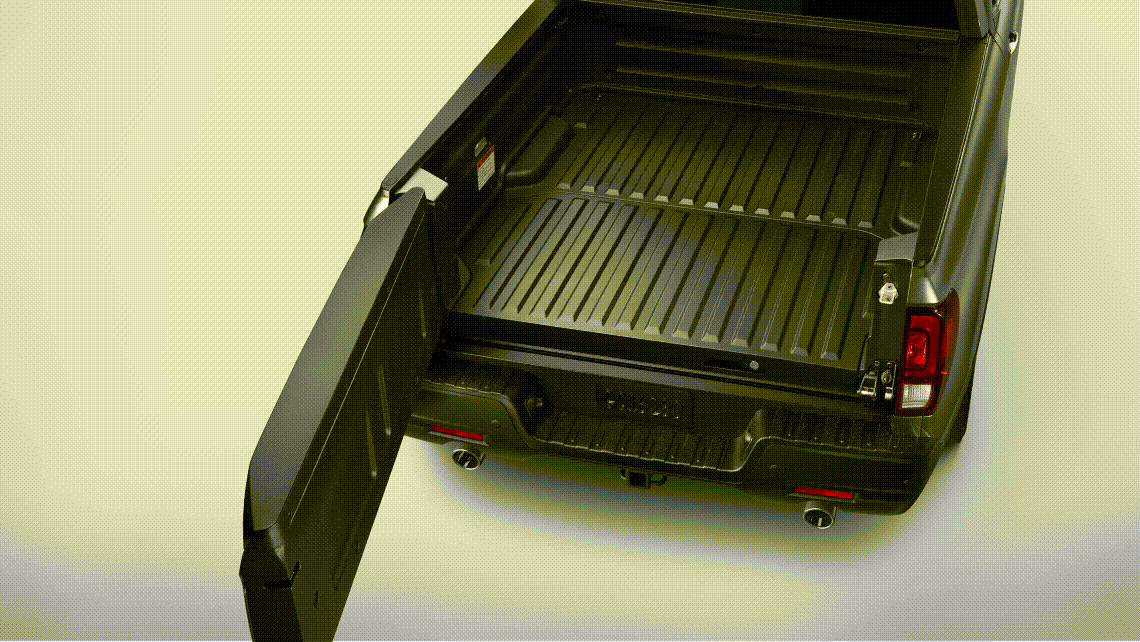 an interactive GIF of the tailgate and in bed cargo of a 2025 Honda Ridgeline.