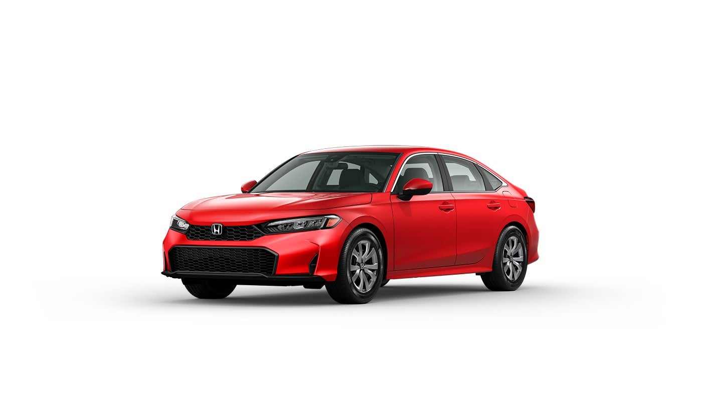 Front view of a red 2025 Honda Civic LX sedan with stylish black accents, highlighting its sleek exterior design.