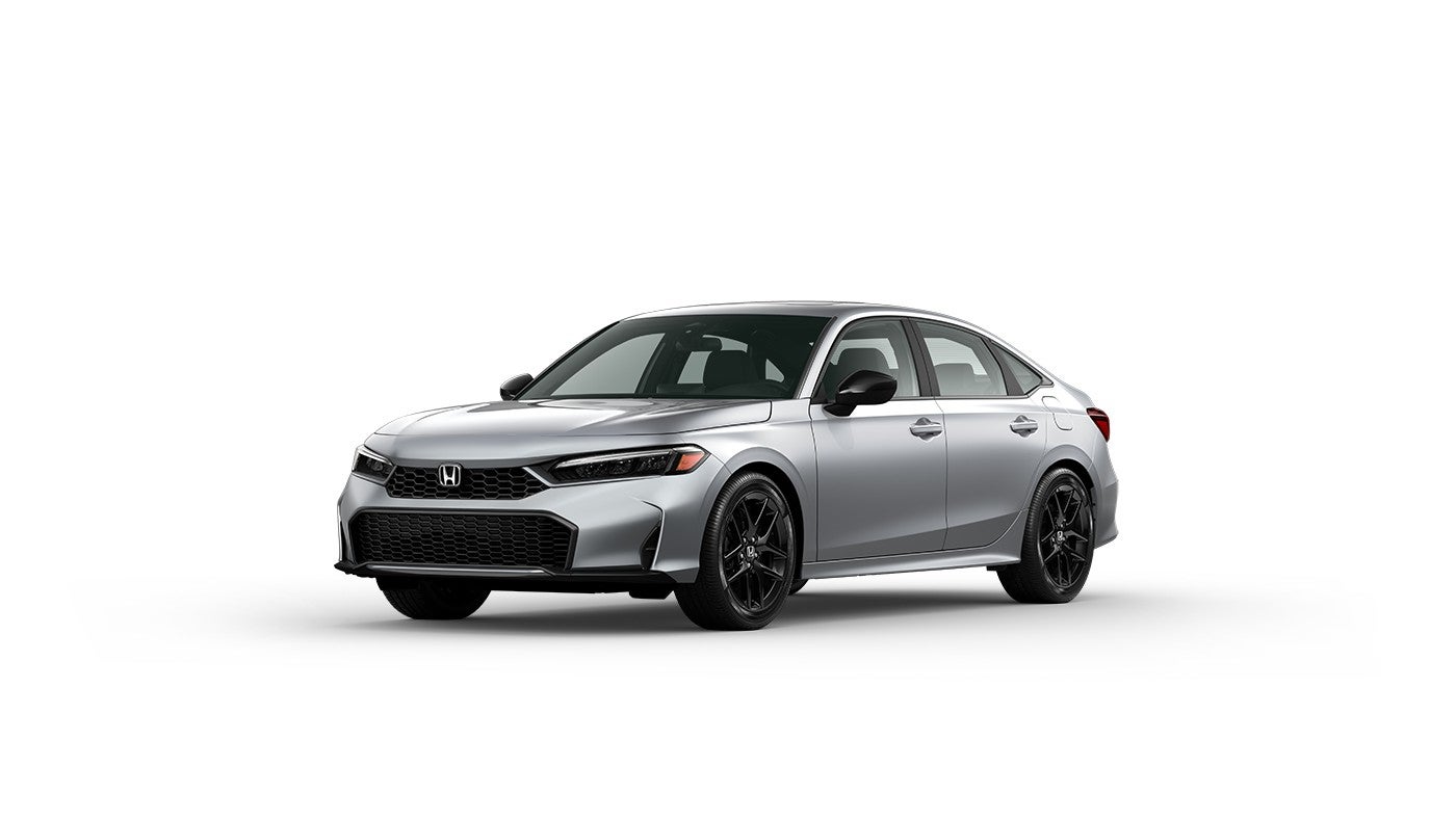 Front view of a silver 2025 Honda Civic Sport Hybrid sedan with black alloy wheels, showcasing its sporty and efficient design.