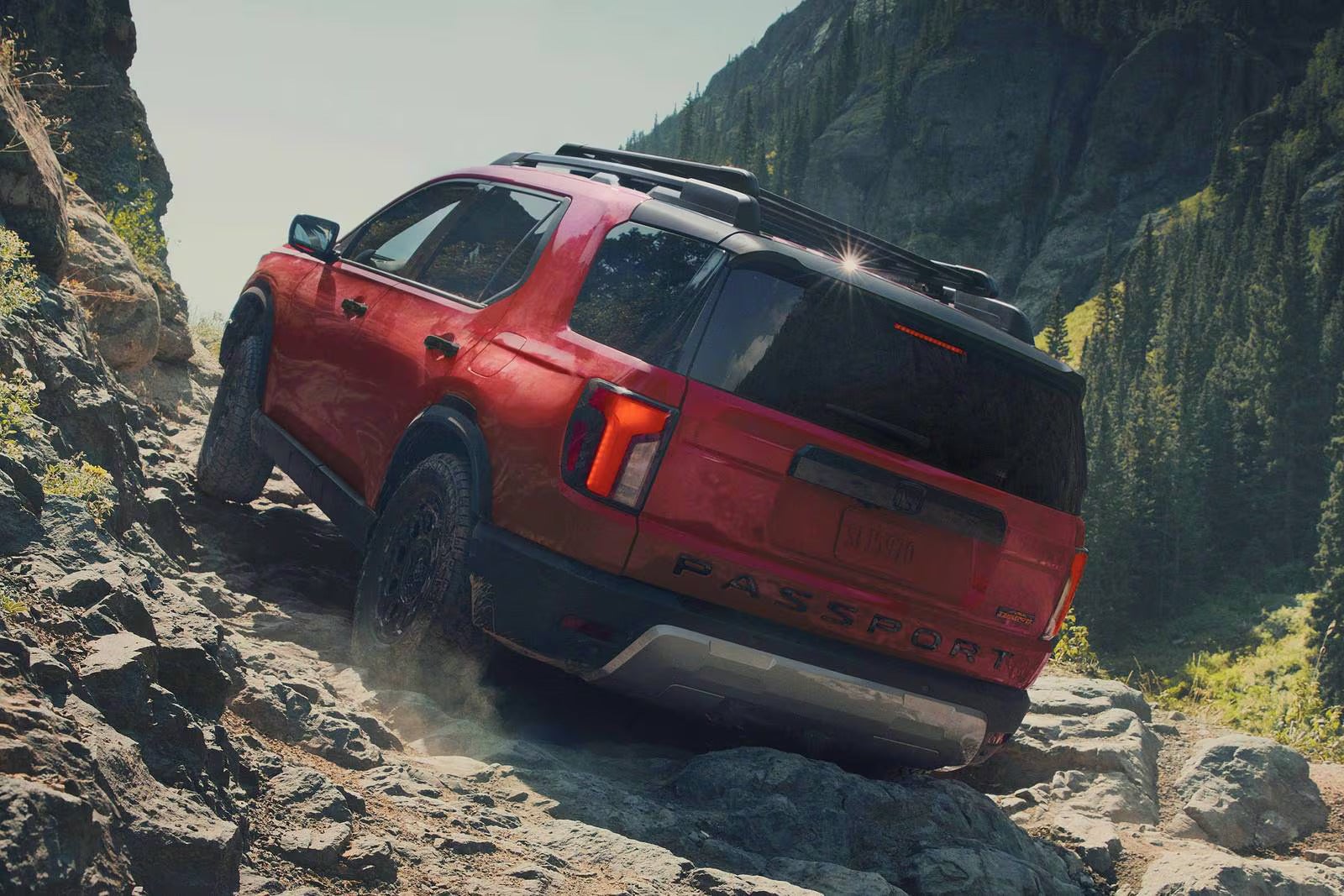 A red passport driving up a hill.