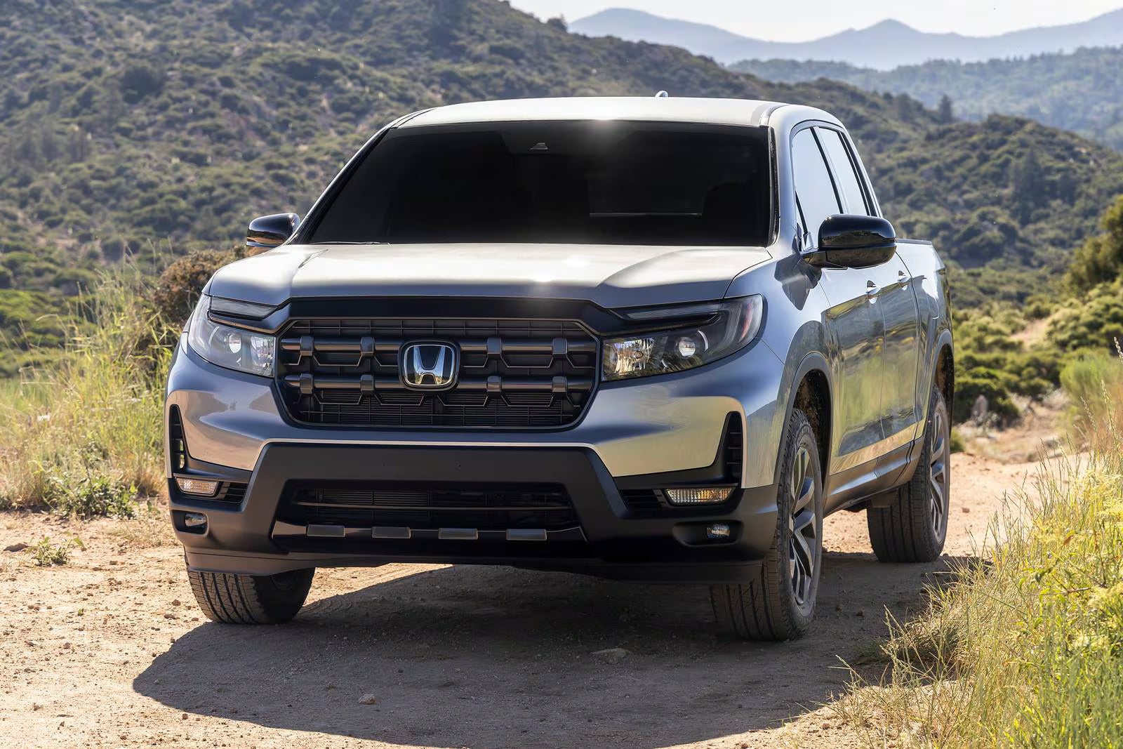 A grya truck sitting parked.