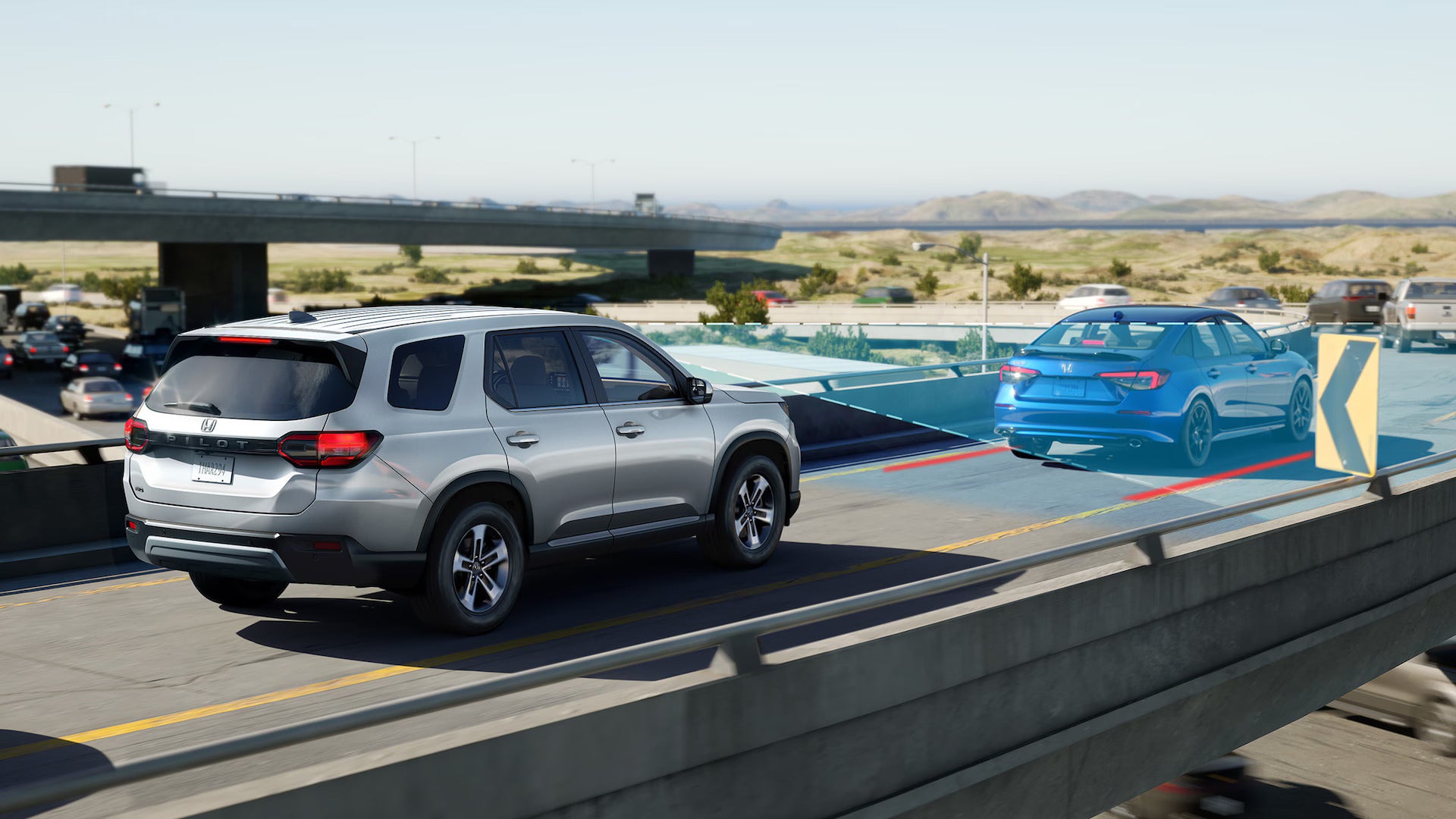 a gray suv on a bridge showing honda safety features